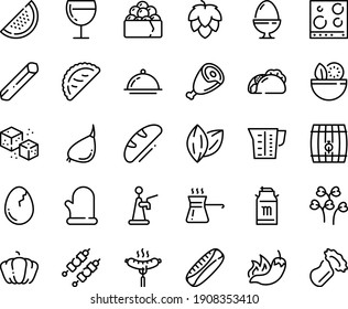 Food line icon set - salad, tacos, hot pepper, gunkan, calsone, sausage on fork, ham, milk tank, wine glass, refined sugar, kebab, cooking glove, dish dome, stove top view, beaker, egg stand, bread