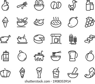Food line icon set - salad, ice cream horn, funchose, chinese chicken, fork with pasta, olive oil, spike, beer glass, cheese, cocktail, goose, coffe maker, coffee beans, milk bootle and pack, pot
