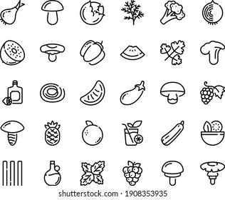 Food line icon set - salad, watermelon piece, lemoncello, olive oil, grape, smoothies, cabbage, onion, broccoli, bell pepper, eggplant, squash, raspberry, orange, kiwi, slice of tangerine, pineapple