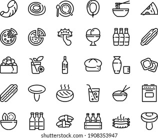 Food Line Icon Set - Salad, Hot Dog, Pizza, Piece, Rice Bowl, Funchose, Sashimi, Vodka, Gunkan, Ravioli, Bread, Sausage, Ice Cream, Coffee Top View, Roasted Sausages, Cutlet, Stove, Wine Bottle, Box