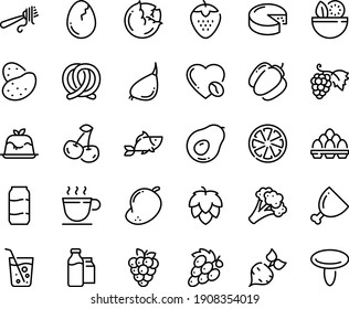Food line icon set - salad, fish, fork with pasta, panna cotta, grape, pretzel, cheese, coffee cup, love, milk bootle and pack, ham, broaken egg, soda glass, beer aluminium, hop, potato, beet, mango