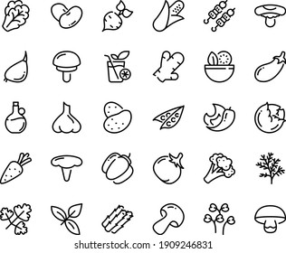 Food line icon set - salad, kebab, basil, olive oil, smoothies, potato, carrot, beet, corn, asparagus, peas, cabbage, arugula, mushroom, broccoli, bell pepper, tomato, eggplant, beans, garlic, chili