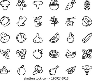 Food line icon set - salad, chinese pasta, basil, olive oil, julienne, smoothies, potato, carrot, peas, cabbage, onion, broccoli, bell pepper, tomato, squash, banana, plum, melon, kiwi, pineapple