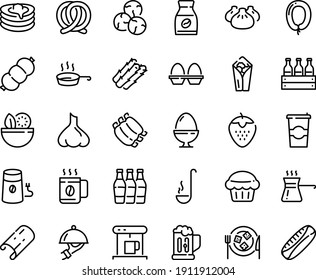 Food line icon set - salad, burito, dim sum, pretzel, sausage, dish dome, cheese plate, pancakes, coffe maker, coffee mill, to go, instant, ribs, pan, ladle, egg stand, turkish, beer mug, cup, box