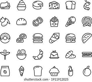 Food line icon set - salad, cupcake, bread, burger, sandwich, french fries, donut, ice cream, shrimp, temaki, calsone, cheese, panna cotta, sausage on fork, pretzel, pate can, croissant, hot dog