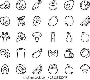 Food line icon set - salad, refined sugar, fish steak, ribs, broaken egg, eggs yolk, milk bottle, smoothies, bread piece, carrot, cabbage, arugula, broccoli, bell pepper, eggplant, watermelon, pear