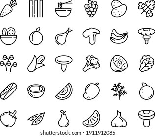 Food line icon set - salad, funchose, potato, carrot, corn, peas, arugula, onion, broccoli, tomato, banana, plum, raspberry, coconut, pear, melon, orange, mango, kiwi, slice of tangerine, garlic