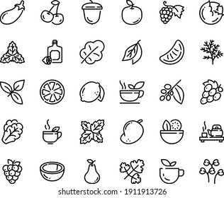 Food line icon set - salad, green tea, ceremony, basil, lemoncello, grape, acorn, coffee tree, cabbage, arugula, eggplant, leaf, cherry, citrus, lemon, raspberry, coconut, pear, mango, apple fruit