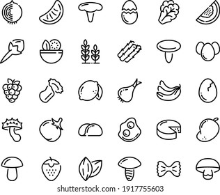 Food line icon set - salad, omelette, cheese, broaken egg, eggs, tacos bread, wheat, asparagus, arugula, onion, tomato, banana, strawberry, lemon, raspberry, melon, mango, slice of tangerine, cloves