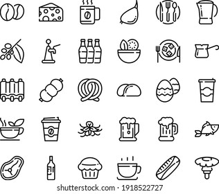 Food line icon set - salad, beer, coffee to go, fish, cheese, cup, mug, pretzel, plate, turkish, tree, beans, pot, sausage, steak, ribs, fork spoon knife, easter egg, green tea, wine bottle, muffin