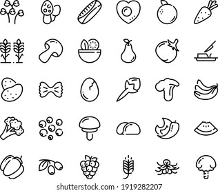 Food line icon set - salad, spike, watermelon piece, olives, butter knife, broaken egg, love, spikes, tacos bread, potato, carrot, mushroom, broccoli, bell pepper, tomato, banana, raspberry, pear