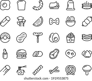 Symbol für die Lebensmittelkette - Salat, Pommes frites, Wurst auf Gabel, Donut, chinesische Nudeln, Salami, Würste, Brezel, Burger, Pate Dose, hot dog, Meringue, geröstet, Steak, Omelette, Eier-Yolk, Brotstück