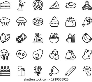 Food line icon set - salad, pizza piece, lobster, gunkan, ham, pretzel, cupcake, milk bootle and pack, ribs, omelette, drinks, sanwich, muffin, cookies, beer box, tap, avocado, ginger, cumin, mint