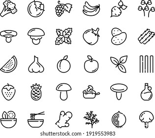 Food line icon set - salad, funchose, basil, olive oil, grape, julienne, potato, beet, asparagus, cabbage, broccoli, tomato, banana, strawberry, plum, watermelon, apple fruit, pineapple, ginger