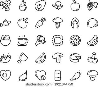 Food line icon set - salad, hot pepper, fish, olive oil, coffee cup, grape, cheese, love, ham, steak, egg, beer aluminium, carrot, broccoli, tomato, garlic, cherry, citrus, lemon, watermelon