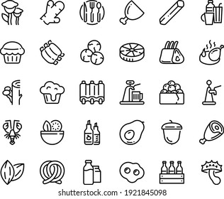 Food line icon set - salad, lobster, gunkan, ham, pretzel, ketchup, acorn, fried chicken, milk bootle and pack, ribs, fork spoon knife plate, omelette, drinks, cupcake, muffin, beer box, tap, ginger