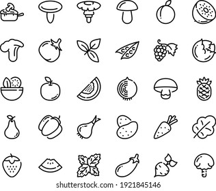 Food Line Icon Set - Salad, Watermelon Piece, Basil, Grape, Julienne, Potato, Carrot, Beet, Peas, Cabbage, Onion, Bell Pepper, Tomato, Eggplant, Leaf, Strawberry, Plum, Pear, Melon, Kiwi, Pineapple