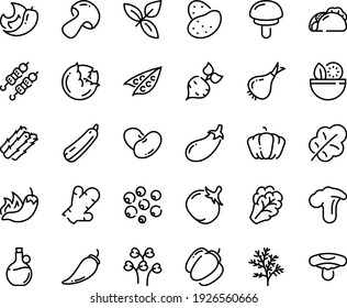 Food line icon set - salad, tacos, hot pepper, kebab, basil, olive oil, potato, beet, asparagus, peas, cabbage, arugula, onion, mushroom, pumpkin, bell, tomato, eggplant, leaf, beans, squash, chili