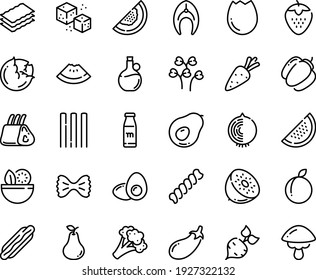 Food Line Icon Set - Salad, Watermelon Piece, Hot Dog, Olive Oil, Refined Sugar, Fish Steak, Ribs, Broaken Egg, Yolk, Milk Bottle, Carrot, Beet, Cabbage, Broccoli, Bell Pepper, Eggplant, Strawberry