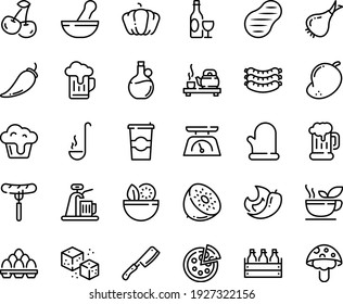 Food Line Icon Set - Salad, Sausage On Fork, Tea Ceremony, Pizza, Olive Oil, Wine, Sausages, Beer Mug, Box, Coffee To Go, Refined Sugar, Steak, Cooking Glove, Ladle, Kitchen Scales, Chef Knife, Tap