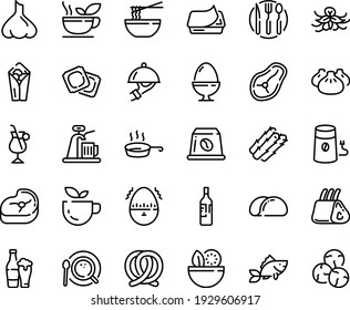 Food line icon set - salad, green tea, burito, dim sum, funchose, ravioli, pretzel, pate can, dish dome, coffee mill, top view, irish, capsule, meat, fish, steak, ribs, pan, fork spoon knife plate