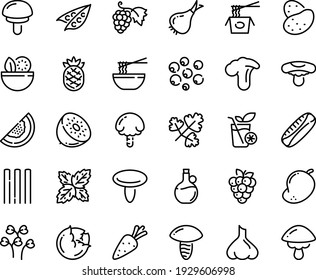 Food line icon set - salad, chinese pasta, funchose, olive oil, grape, smoothies, potato, carrot, peas, cabbage, onion, raspberry, melon, mango, kiwi, pineapple, garlic, basil, black pepper, parsley