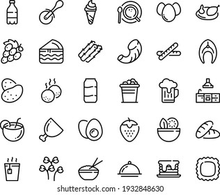 Food line icon set - salad, bread, milk bottle, hot tea, ice cream, rice bowl, pizza roll knife, coffee top view, ham, chicken, fish steak, meatballs, kitchen, dish dome, eggs yolk, coconut cocktail