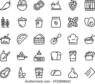 Food line icon set - salad, hot tea, coffee to go, rice bowl, chinese chicken, calsone, pizza roll knife, wine, acorn, julienne, pack, steak, chef hat, cooking pan, board, kitchen, eggs yolk, bread