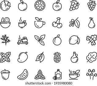 Food line icon set - salad, green tea, ceremony, basil, lemoncello, olive oil, acorn, coffee tree, cabbage, leaf, cherry, citrus, plum, lemon, raspberry, pear, grape, mango, apple fruit, seeds, mint