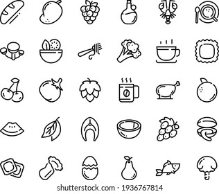 Food line icon set - salad, watermelon piece, fish, clam, lobster, fork with pasta, olive oil, coffee cup, ravioli, top view, steak, chicken leg, broaken egg, bread, hop, broccoli, tomato, cherry