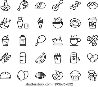 Food Line Icon Set - Salad, Fried Chiken Leg, Hot Tea, Coffee To Go, Ice Cream, Dim Sum, Oyster, Fortune Cookie, Chinese Chicken, Kebab, Rice Vodka, Pizza Roll Knife, Salami, Ham, Milk Tank, Cup