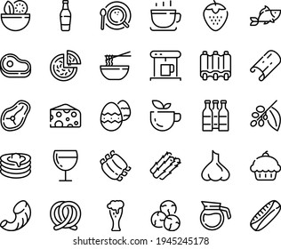 Food line icon set - salad, meat, cupcake, green tea, pizza, fish, funchose, cheese, coffee cup, pretzel, beer glass, wine, pancakes, coffe maker, top view, tree, ribs, steak, easter egg, pot