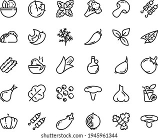 Food line icon set - salad, tacos, octopus soup, kebab, basil, olive oil, smoothies, corn, asparagus, peas, cabbage, onion, mushroom, broccoli, pepper, pumpkin, tomato, eggplant, leaf, garlic, chili