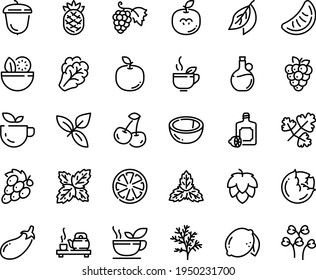 Food line icon set - salad, green tea, ceremony, basil, lemoncello, olive oil, grape, acorn, hop, cabbage, arugula, eggplant, cherry, citrus, lemon, raspberry, coconut, apple fruit, seeds, pineapple