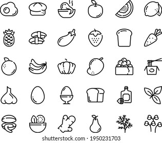 Food line icon set - salad, octopus soup, chinese pasta, clam, sashimi, gunkan, basil, lemoncello, bread, egg, stand, omelette, piece, carrot, pumpkin, eggplant, banana, strawberry, lemon, pear