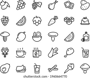 Food line icon set - salad, drink, fried chiken leg, sushi roll, lobster, lemoncello, panna cotta, coffee cup, grape, ravioli, pate can, hot chicken wing, soda glass, baguette, hop, potato, carrot