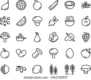Food line icon set - salad, dough and rolling pin, olives, omelette, julienne, egg, spikes, wheat, beet, tomato, beans, garlic, squash, citrus, lemon, watermelon, raspberry, coconut, pear, orange