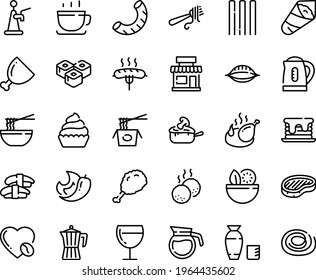 Food line icon set - salad, cafe, fried chiken leg, chinese pasta, funchose, sashimi, sushi roll, rice vodka, temaki, fork with, coffee cup, steak, chicken, wine glass, cupcake, julienne, pot, love