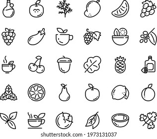 Food line icon set - salad, green tea, basil, lemoncello, olive oil, grape, acorn, coffee tree, cabbage, eggplant, leaf, cherry, citrus, plum, lemon, raspberry, coconut, pear, mango, apple fruit