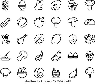 Food line icon set - salad, butter knife, egg stand, eggs yolk, smoothies, tacos bread, wheat, onion, mushroom, bell pepper, tomato, leaf, garlic, squash, strawberry, raspberry, melon, mango, ginger