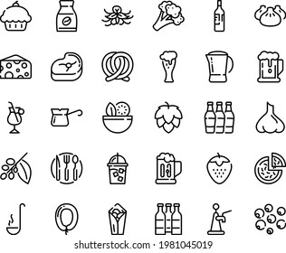 Food line icon set - salad, cupcake, beer, pizza, burito, dim sum, cheese, pretzel, glass, sausage, iced coffee, turkish, tree, instant, irish, pot, meat, fork spoon knife plate, ladle, mug, hop