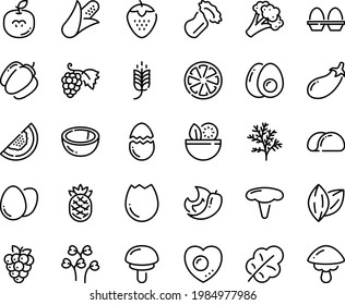 Food line icon set - salad, spike, grape, egg, broaken, stand, love, eggs yolk, tacos bread, corn, broccoli, bell pepper, eggplant, leaf, citrus, strawberry, raspberry, coconut, melon, apple seeds
