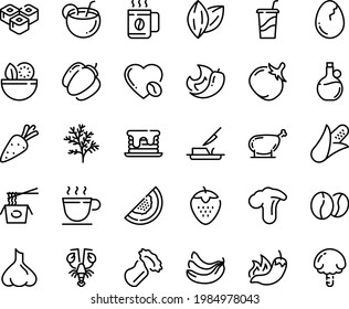 Food line icon set - salad, hot pepper, drink to go, chinese pasta, sushi roll, lobster, olive oil, butter knife, coffee cup, love, beans, chicken leg, broaken egg, coconut cocktail, pancake, carrot