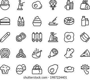 Food line icon set - salad, pizza piece, lobster, gunkan, ham, pretzel, ketchup, fried chicken, cupcake, butter knife, milk bootle and pack, ribs, omelette, easter egg, drinks, sanwich, cookies