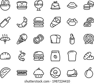 Food line icon set - salad, cupcake, bread, watermelon piece, burger, sandwich, french hot dog, lunch box, dim sum, shrimp, temaki, calsone, panna cotta, ice cream, pretzel, pate can, donut, bakery