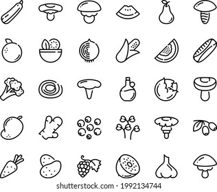 Food line icon set - salad, watermelon piece, olives, olive oil, grape, potato, carrot, corn, cabbage, broccoli, squash, pear, melon, orange, mango, kiwi, ginger, onion, garlic, black pepper, cress