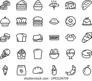 Food Line Icon Set - Salad, Cupcake, Watermelon Piece, Burger, Sandwich, French Fries, Ice Cream, Lunch Box, Dim Sum, Temaki, Calsone, Cheese, Panna Cotta, Pate Can, Donut, Croissant, Hot Dog, Bread