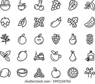 Food line icon set - salad, green tea, ceremony, basil, lemoncello, olive oil, coffee tree, hop, arugula, eggplant, cherry, citrus, plum, lemon, raspberry, coconut, pear, grape, mango, apple fruit