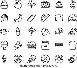 Food line icon set - salad, sandwich, french fries, donut, hot dog, ice cream, dim sum, shrimp, temaki, calsone, cheese, panna cotta, sausage on fork, pretzel, burger, croissant, bakery, cupcake