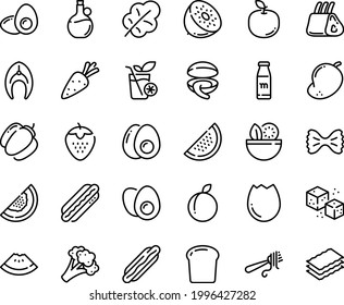 Food Line Icon Set - Salad, Watermelon Piece, Hot Dog, Clam, Fork With Pasta, Olive Oil, Refined Sugar, Fish Steak, Ribs, Broaken Egg, Eggs Yolk, Milk Bottle, Smoothies, Bread, Carrot, Broccoli